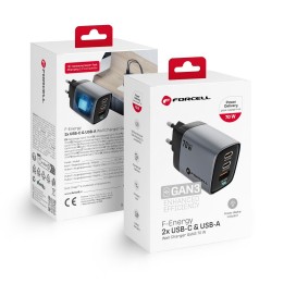 Мережевий зарядний пристрій для телефону Forcell F-Energy GaN III 2 x USB C + USB A QC4.0 3,45A PD 70W SAM SFC2.0 з LCD-дисплеєм
