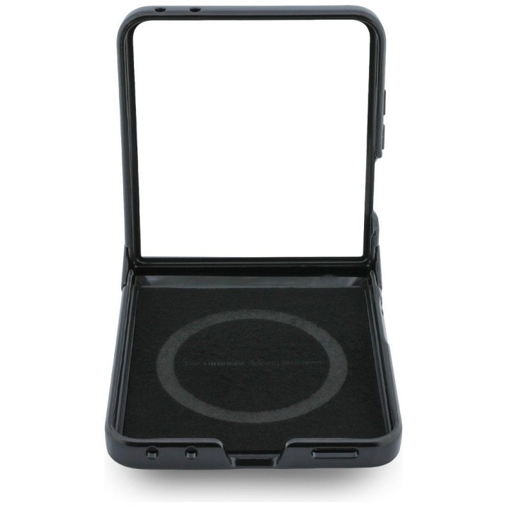 BMW futerał do SAMSUNG GALAXY Z FLIP 8 kompatybilny z MagSafe (Leather Perforated Tricolor Stripe Metal Logos) czarny