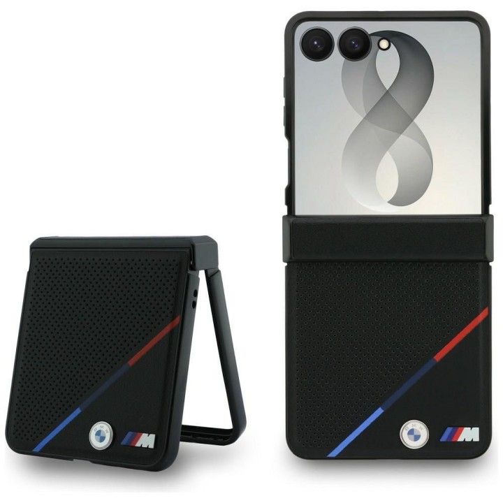BMW чохол для SAMSUNG GALAXY З FLIP 8 сумісний з Magsafe (Leather Perforated Tricolor Stripe Метал Logos) чорний