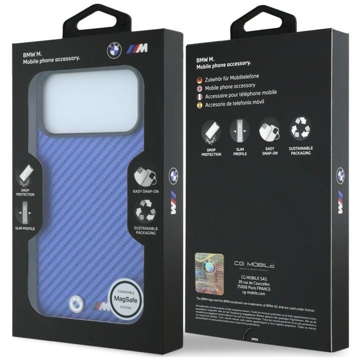 BMW futerał do IPHONE 18 Pro Max/17 Pro Max kompatybilny z MagSafe (Carbon Metal Logo) niebieski
