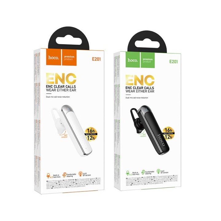 Headset wireless mono (ENC, BT 6.0, 130mAh) Hoco E201 white