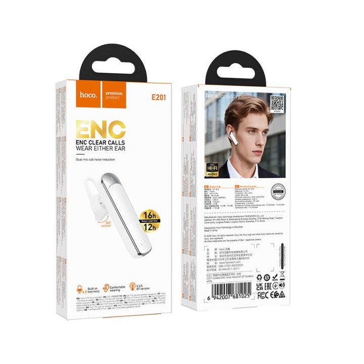 Wireless headset mono (ENC, BT 6.0, 130mAh) Hoco E201 white