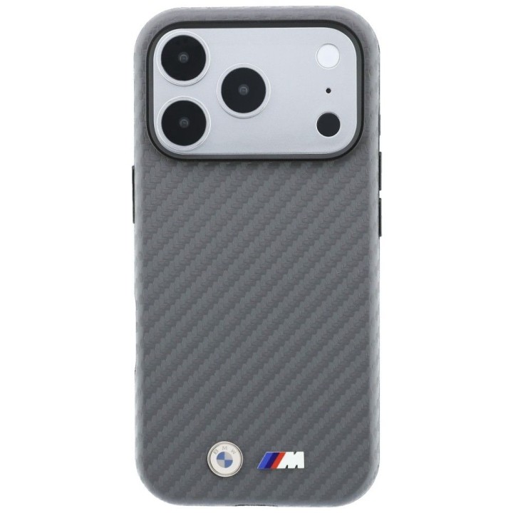 BMW чехол для IPHONE 18 Pro/17 Pro совместимый с MagSafe (Carbon Metal Logo) серый