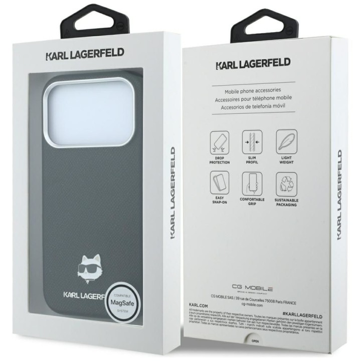 KARL LAGERFELD case for IPHONE 18 Pro Max/ 17 Pro Max compatible with Magsafe (Grained Choupette Head Metal) black