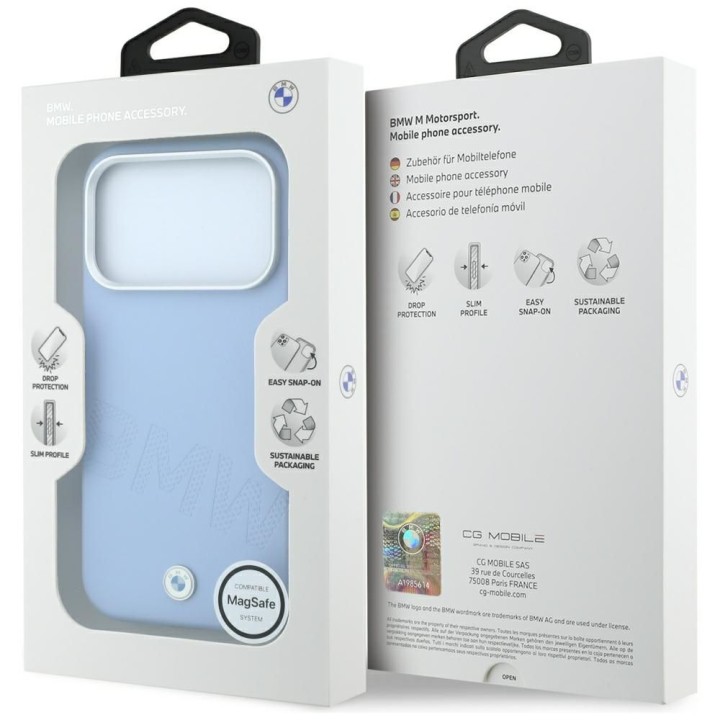 BMW case for IPHONE 18 Pro/17 Pro compatible with MagSafe (Sign Inclined Deboss Letters) blue