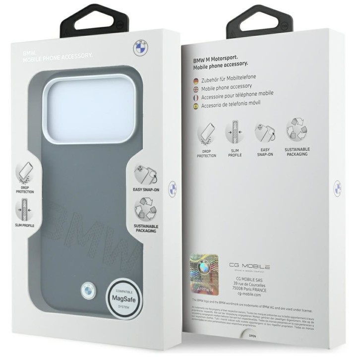BMW case for IPHONE 18 Pro Max/17 Pro Max compatible with Magsafe (Sign Inclined Deboss Letters) grey