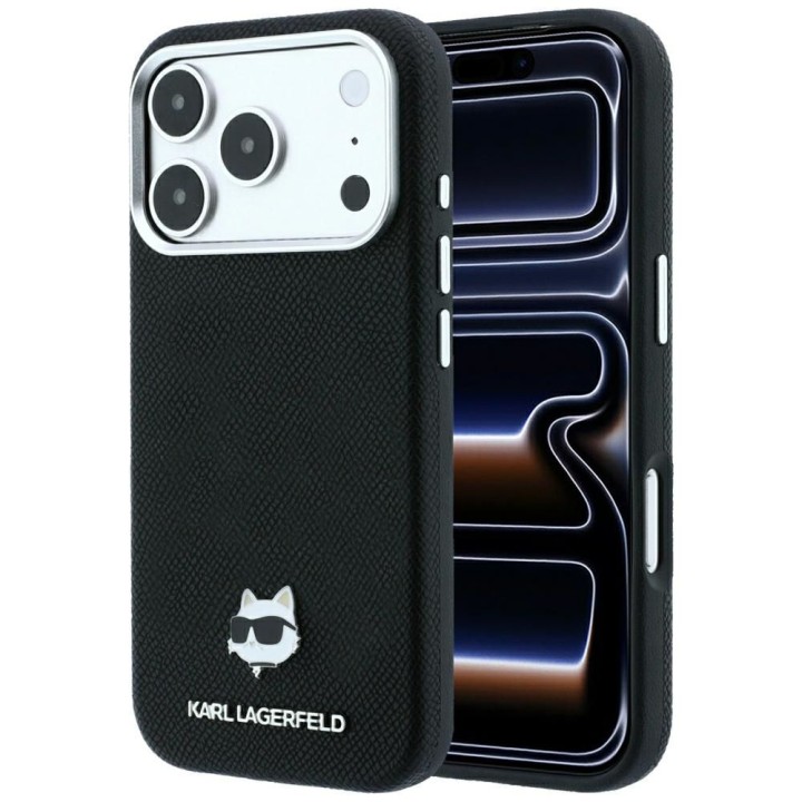 KARL LAGERFELD case for IPHONE 18 Pro Max/ 17 Pro Max compatible with Magsafe (Grained Choupette Head Metal) black