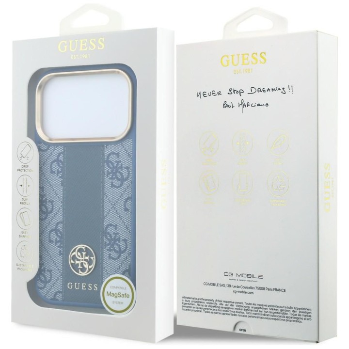 GUESS case for IPHONE 18 Pro/17 Pro compatible with Magsafe (Stripe Round and Classic Logos 4G) blue