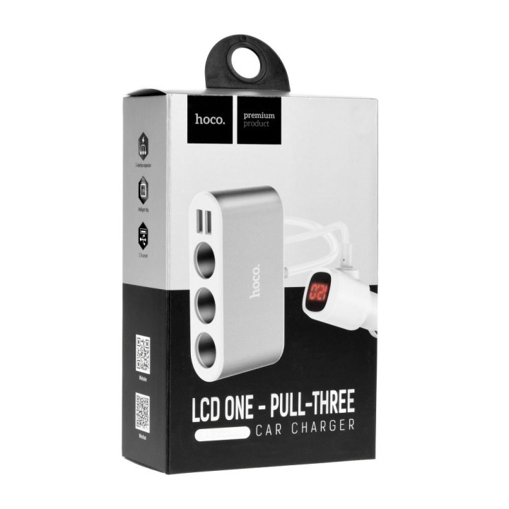HOCO автомобильный разветвитель гнезда прикуривателя 3 в 1 с дисплеем + 2 x USB A 2,1A Z13 серебристый
