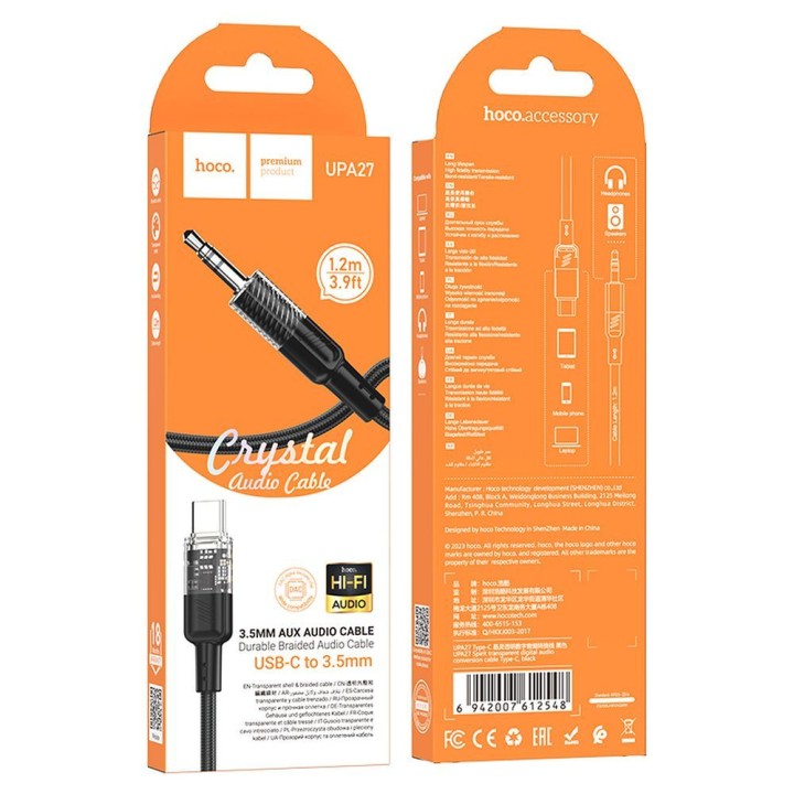 Cable AUX Jack 3,5 mm for USB C Hoco 1,2 m UPA27 black