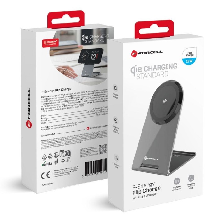 Бездротовий зарядний пристрій Forcell F-Energy FLIP Charge USB C Qi2 15W сумісний з MagSafe сріблястий 0INT