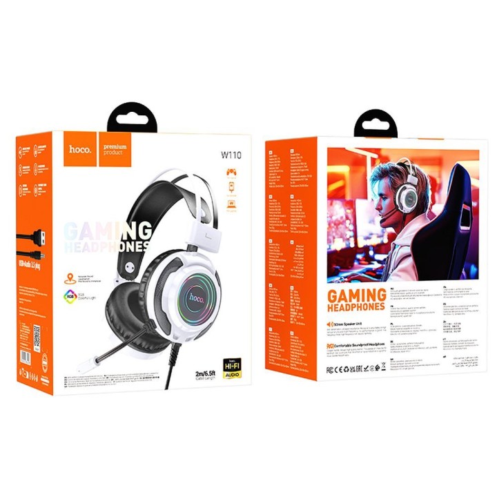Wired on-ear headphones Hoco gaming USB A + Jack 3,5 mm gaming 2 m W110 white