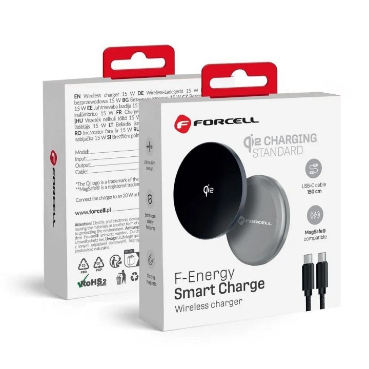 Wireless charger Forcell F-Energy Smart Charge USB C Qi2 15W MagSafe compatible with detachable cable 1,5 m silver