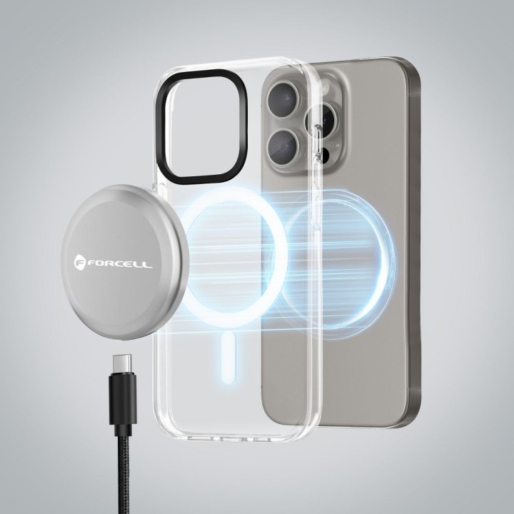 Wireless charger Forcell F-Energy Smart Charge USB C Qi2 15W MagSafe compatible with detachable cable 1,5 m silver