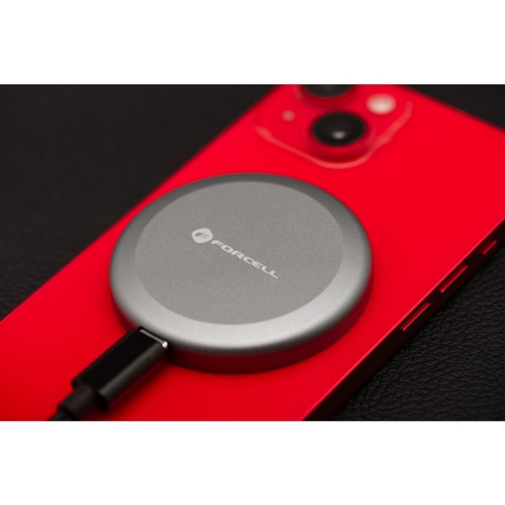 Wireless charger Forcell F-Energy Smart Charge USB C Qi2 15W MagSafe compatible with detachable cable 1,5 m silver
