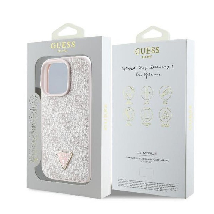 GUESS чехол для IPHONE 16 Pro Max GUHCP16XP4TDPP (PU Leather 4G Triangle Strass) розовый