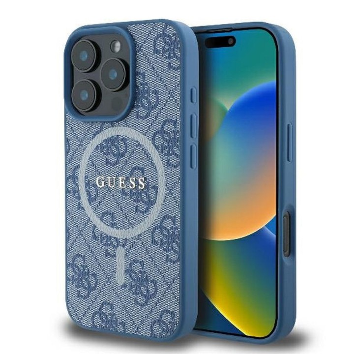 GUESS чехол для IPHONE 16 Pro совместимый с MagSafe GUHMP16LG4GFRB (PU 4G Ring Classic Logo) синий