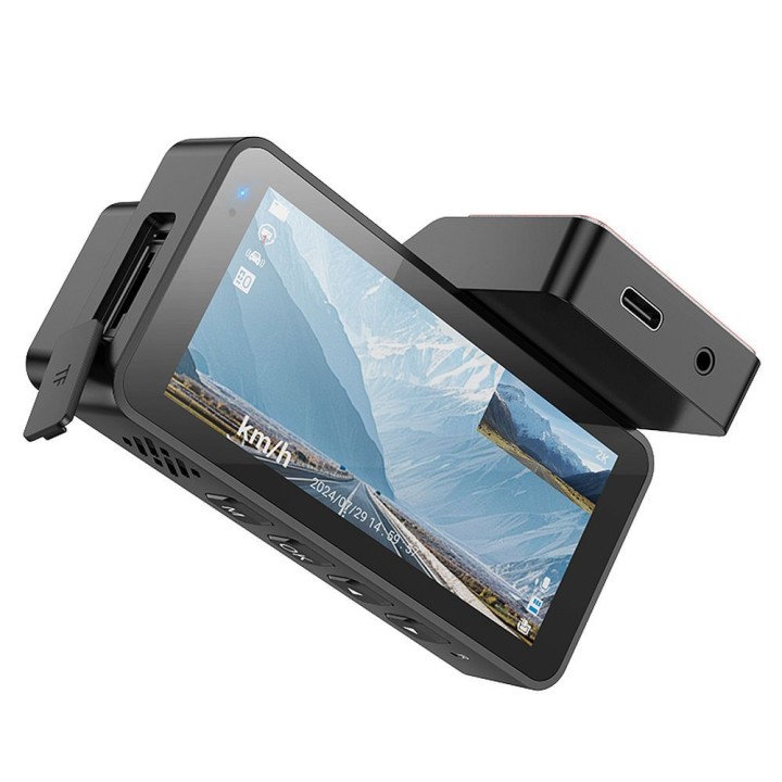 Kamera samochodowa Hoco z wyświetlaczem 3,69" 2K + kamera tylna 720P/25fps GPS DV12 srebrno szara