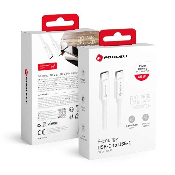 Cable USB C to USB C Forcell F-Energy QC4.0 PD 3A 60W 0,5 m C338 white