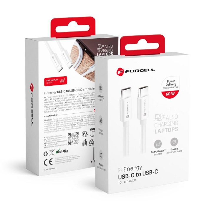 Cable USB C to USB C Forcell F-Energy QC4.0 PD 3A 60W 1 m C338 white
