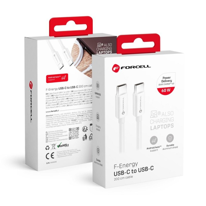 Kabel USB C do USB C Forcell F-Energy QC4.0 PD 3A 60W 2 m C338 biały