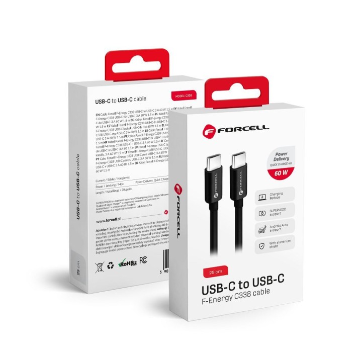 Кабель USB C — USB C Forcell F-Energy QC4.0 PD 3A 60W 0,25 m C338 черный