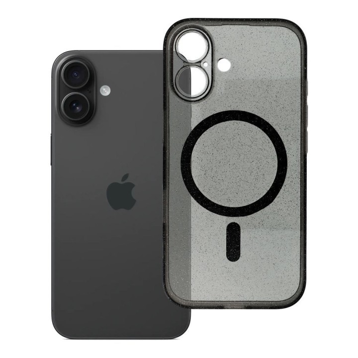 Case for iPhone 16 Clear Mag Cover - Glitter (Str / Camera Protection) MagSafe compatible black glitter