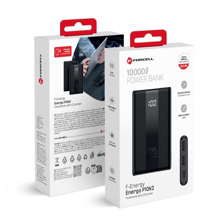Повербанк Forcell F-Energy Energo P10K2 QC3.0 PD 3A 22,5W 10000 mAh черный 0INT