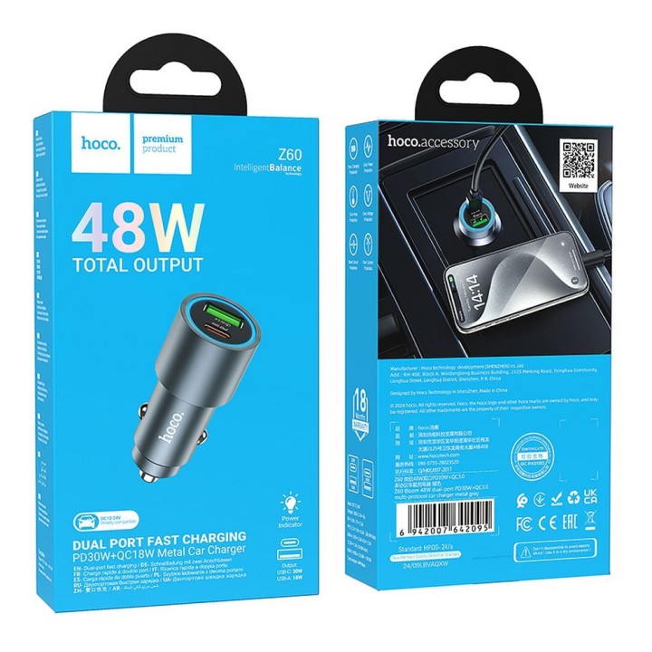 Ładowarka samochodowa Hoco USB A + USB C QC3.0 PD 48W Z60 czarna