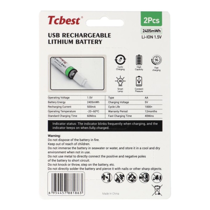 TCBEST перезаряджуваний акумулятор R6 (AA) 1600 mAh з роз'ємом тип C + кабель USB A для 2 x тип C 2 шт