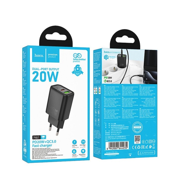 Wall charger for phone Hoco USB A + USB C QC3.0 PD 3A 20W N61 black