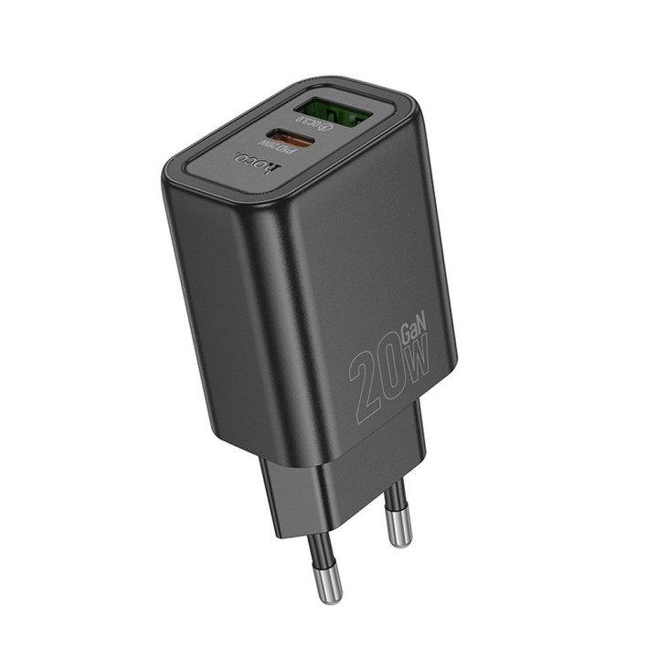 Wall charger for phone Hoco USB A + USB C QC3.0 PD 3A 20W N61 black