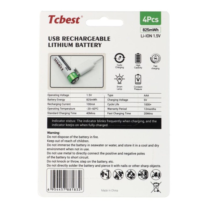 TCBEST rechargeable battery R3 (AAA) 550 mAh with socket type C + cable USB A for 4 x type C 4 pcs