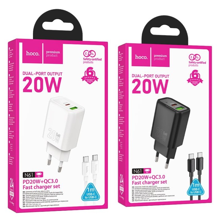 Сетевое зарядное устройство для телефона Hoco USB A + USB C QC3.0 PD 3A 20W + кабель USB-C – USB-C N61 черное