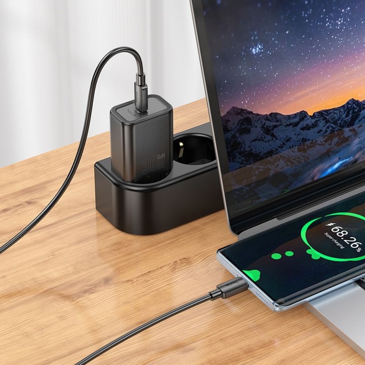 Wall charger for phone Hoco USB C QC PD 30W + USB-C to USB-C cable N62 black