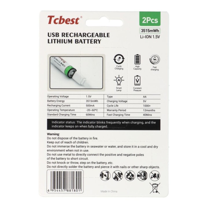 TCBEST перезаряжаемый аккумулятор R6 (AA) 950 mAh с разъемом тип C + кабель USB A для 2 x тип C 2 шт
