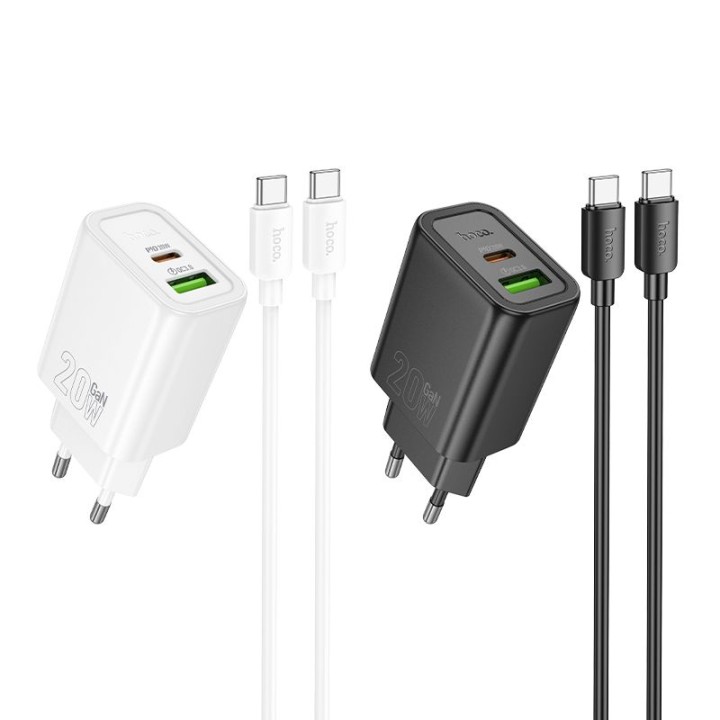 Сетевое зарядное устройство для телефона Hoco USB A + USB C QC3.0 PD 3A 20W + кабель USB-C – USB-C N61 черное