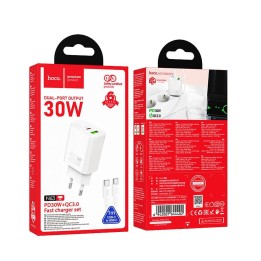 Сетевое зарядное устройство для телефона Hoco USB A + USB C QC3.0 PD 3A 30W + кабель USB-C – USB-C N63 белое