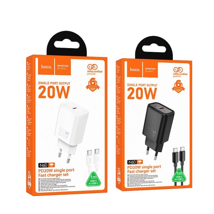 Ładowarka sieciowa do telefonu Hoco USB C QC PD 20W + kabel USB C do USB C N60 biała