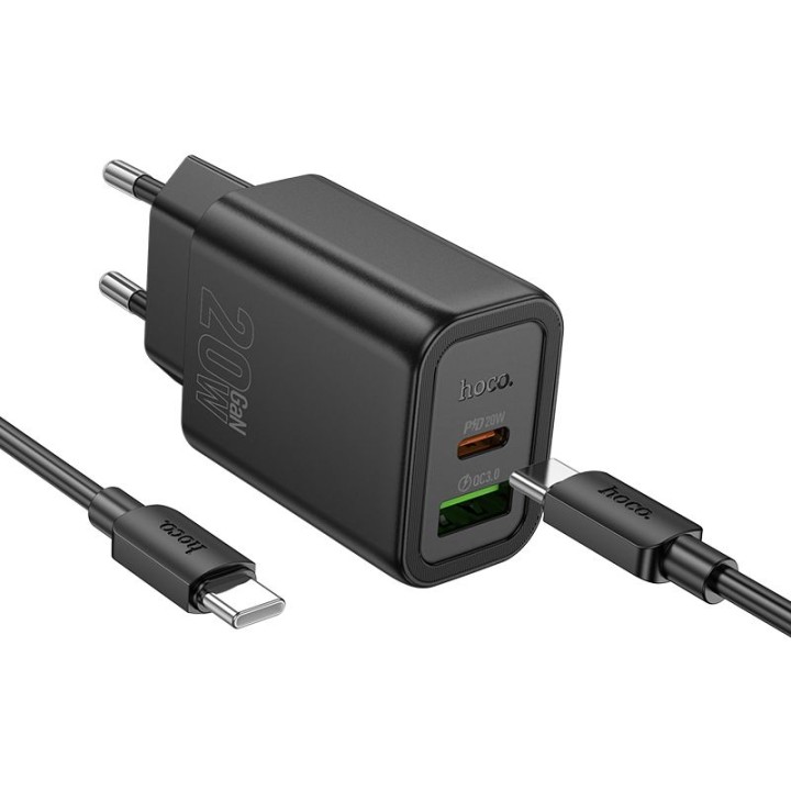 Мережевий зарядний пристрій для телефону Hoco USB A + USB C QC3.0 PD 3A 20W + кабель USB-C – USB-C N61 чорний