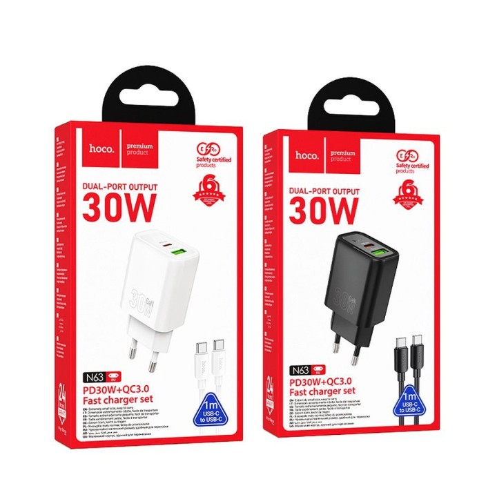 Wall charger for phone Hoco USB A + USB C QC3.0 PD 3A 30W + USB-C to USB-C cable N63 white