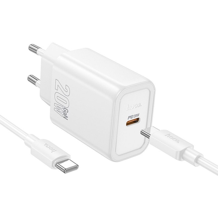 Wall charger for phone Hoco USB C QC PD 20W + USB-C to USB-C cable N60 white