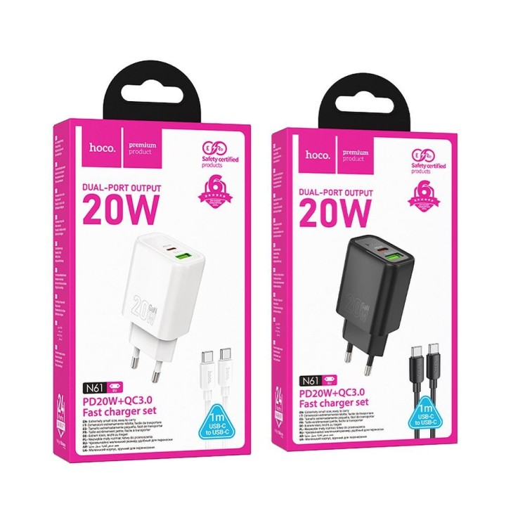Wall charger for phone Hoco USB A + USB C QC3.0 PD 3A 20W + USB-C to USB-C cable N61 white