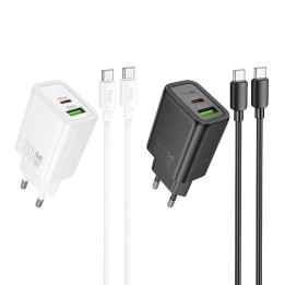 Wall charger for phone Hoco USB A + USB C QC3.0 PD 3A 30W + USB-C to USB-C cable N63 black