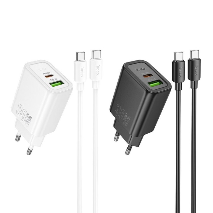 Wall charger for phone Hoco USB A + USB C QC3.0 PD 3A 30W + USB-C to USB-C cable N63 black