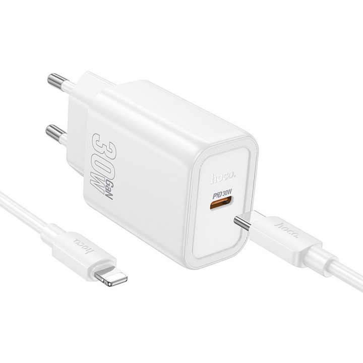 Wall charger for phone Hoco USB C QC PD 30W + USB-C to Lightning cable N62 white