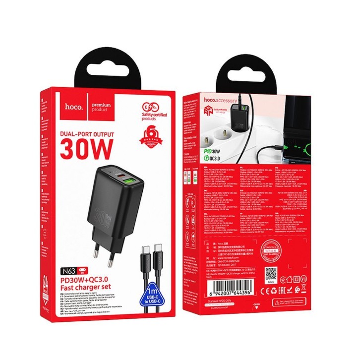 Wall charger for phone Hoco USB A + USB C QC3.0 PD 3A 30W + USB-C to USB-C cable N63 black