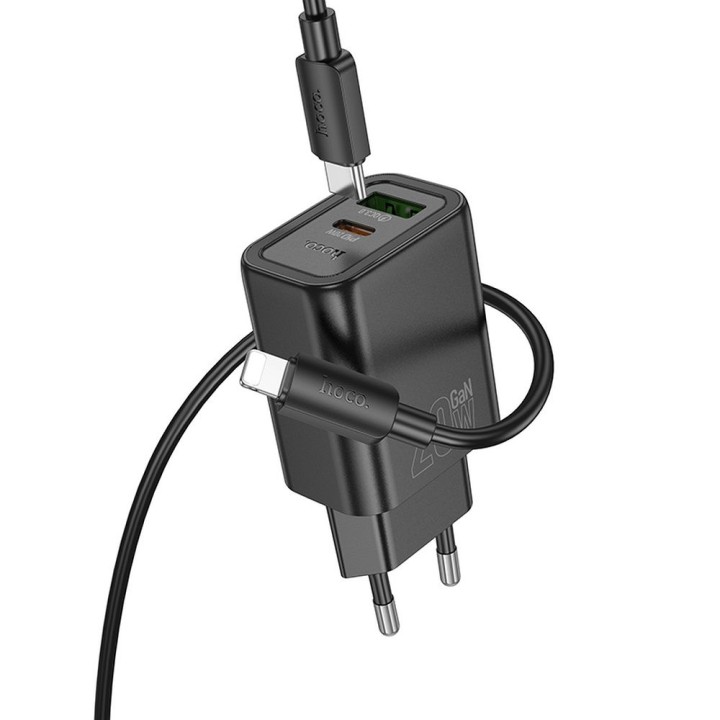 Wall charger for phone Hoco USB A + USB C QC3.0 PD 3A 20W + USB-C to Lightning cable N61 black