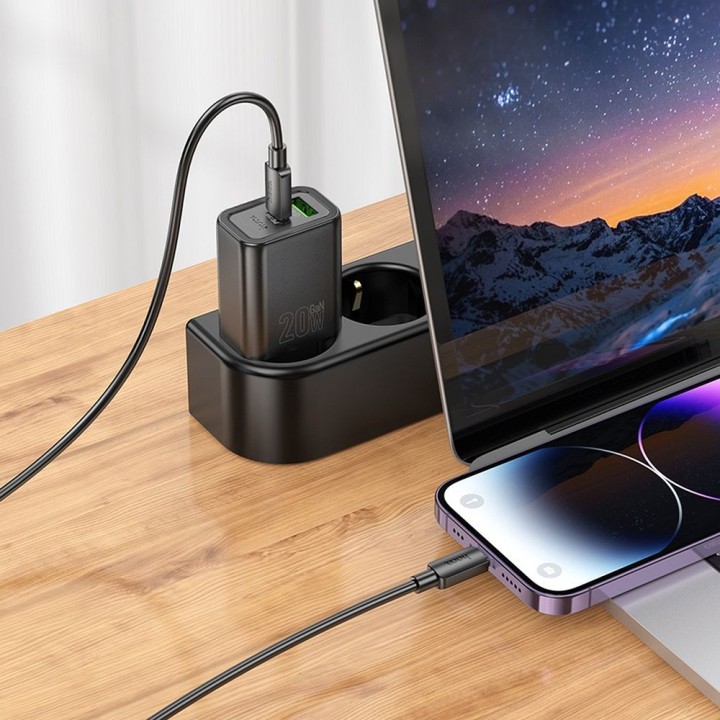 Wall charger for phone Hoco USB A + USB C QC3.0 PD 3A 20W + USB-C to Lightning cable N61 black