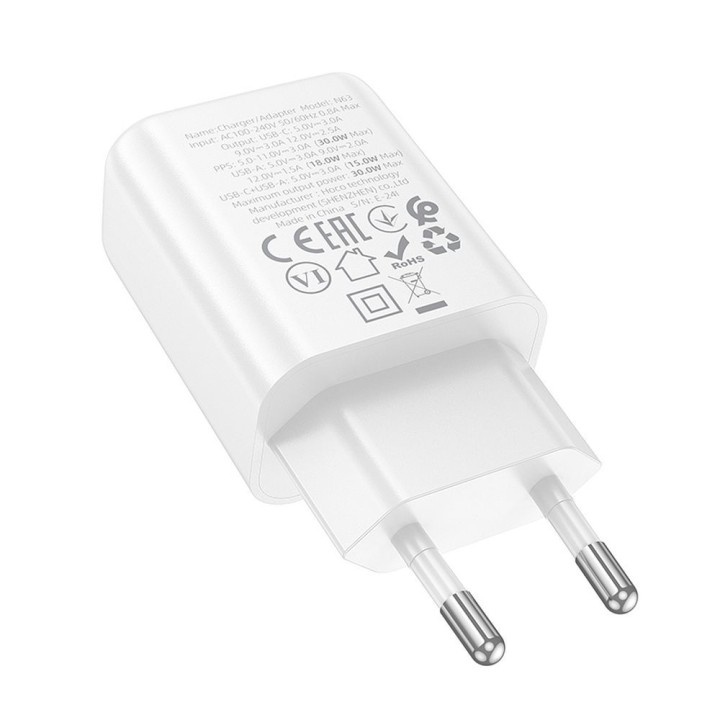 Ładowarka sieciowa do telefonu Hoco USB A + USB C QC3.0 PD 3A 30W N63 biała